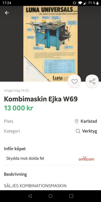 Annonsskärmbild för en begagnad kombinationsmaskin Ejka W69 listad för 13 000 kr i Karlstad.