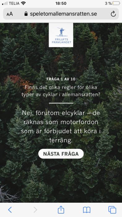 Skärmavbild av en quizfråga om regler för cyklar i allemansrätten visas på en mobiltelefon.