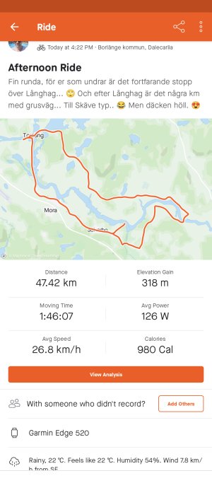 Skärmdump av cykelturdata som visar rutt på karta, distans, tid, medelhastighet och väderinformation.