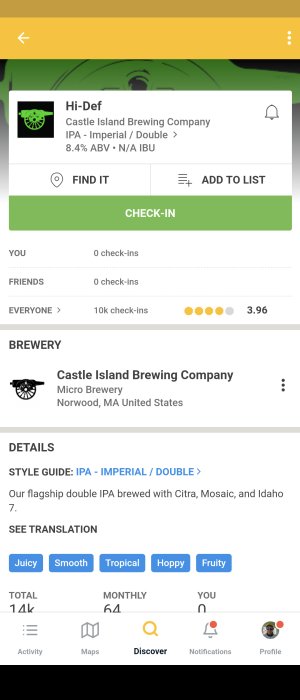 Skärmdump av ölprofil för "Hi-Def" från Castle Island Brewing på en ölapp med betyg och smakattribut.