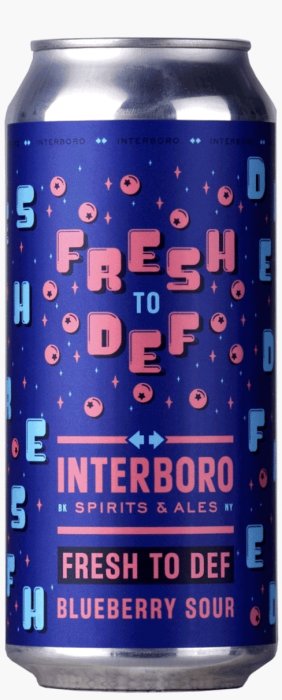 Burk av "Fresh to Def Blueberry Sour" från Interboro Spirits & Ales med blå bakgrund och grafiska element.