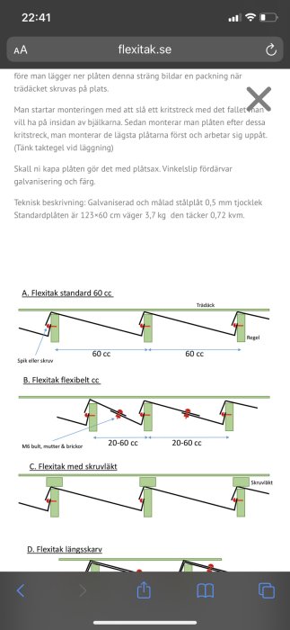 Schematiska illustrationer av takinstallation med Flexitak i olika konfigurationer och fastsättningar.