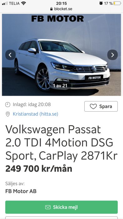 Vit Volkswagen Passat framför FB MOTOR-logotyp, annonstext med prisinformation på Blocket.