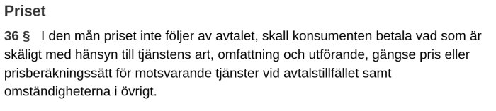 Skärmdump av text från Konsumenttjänstlagen med paragraf 36 om priser när avtal saknas.