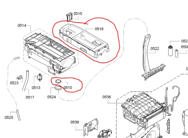 Explosionsritning av maskindelar med delarna 0510 och 0516 markerade med rött.