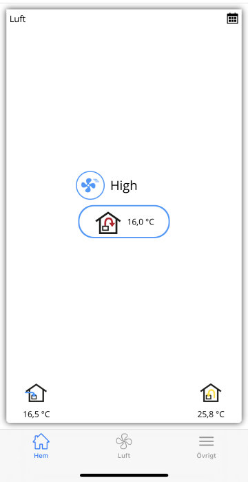 Skärmavbild av en app som visar temperaturinställningar och värden för ett Flexit Nordic CL3 FTX-system.