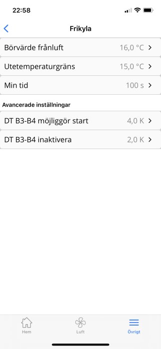 Skärmdump av Flexit Nordic cl3 ftx-systems app som visar inställningar för funktionen Frikyla.