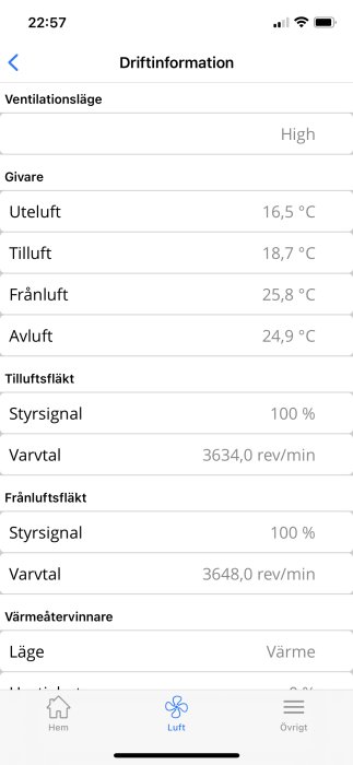 Skärmbild av appen för Flexit Nordic cl3 FTX-system som visar driftinformation och temperaturvärden.