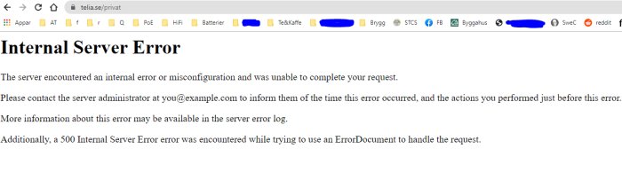 Webbläsarfönster som visar ett 'Internal Server Error' meddelande på Telias webbplats.