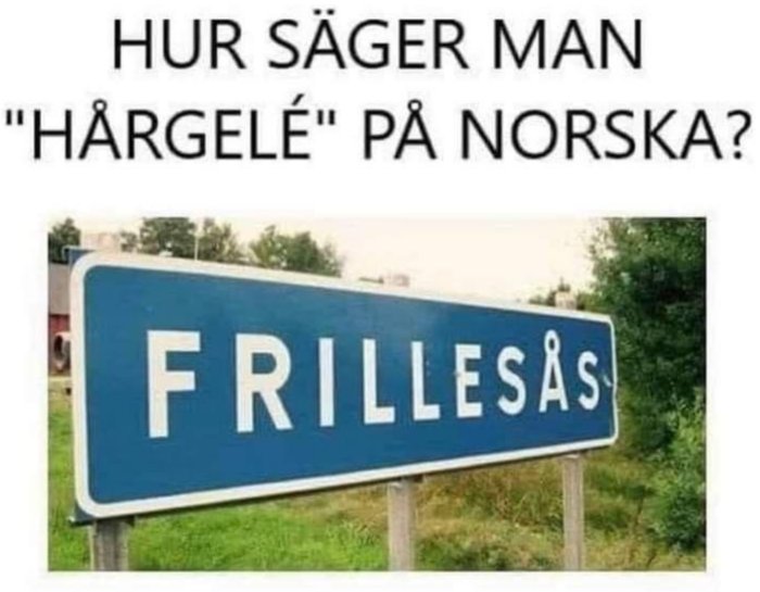 Blått ortsnamnsskylt med texten "FRILLESÅS" och en frågetext ovanför som lyder "HUR SÄGER MAN 'HÄRGELE' PÅ NORSKA?".