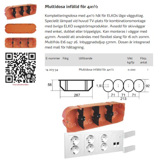 Multidosa infälld från ELKO för 4x1/2 tum med plats för eluttag, illustrerad med mått och QR-kod för instruktionsvideo.