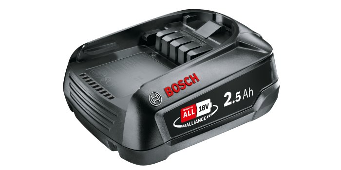 Bosch 18V 2.5Ah batteri med märkning "Power for ALL 18V" och en tydelig Bosch-logotyp.