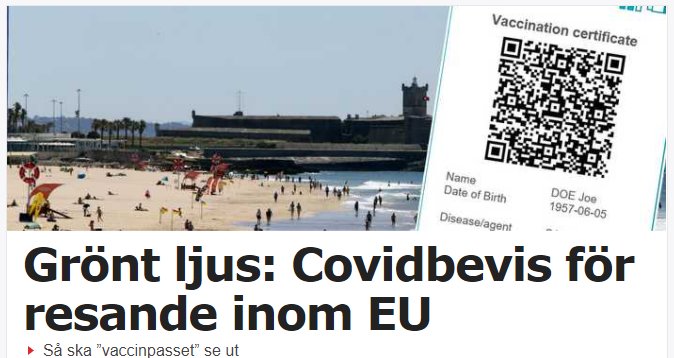 Strandscen med människor och EU:s covidbevis med QR-kod och rubrik om EU-resor.