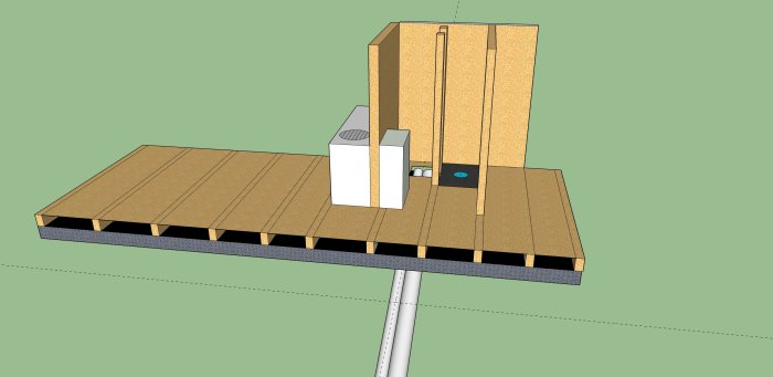 Skiss av bjälklag med rörinstallationer för vatten och avlopp genom golvet i en oproportionerlig 3D-modell.