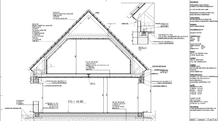 Konstruktionsritning visar detaljer för hus- och garagetak, inklusive balkar och lastangivelser.