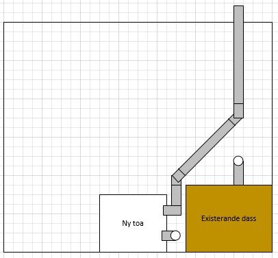 Skiss av toalettinstallation med nytt och befintligt dass, utluftningsrör och vägg.