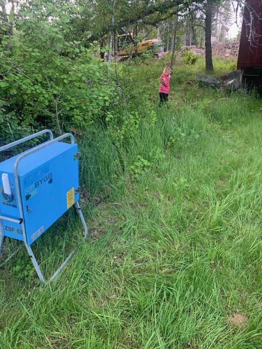 Tomtmark med gräs och buskar, barn i bakgrunden och en blå el-björn vid sidan.