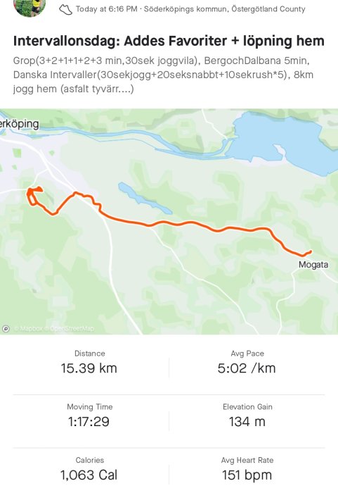 En skärmdump av löpningsdata som visar en rutt på kartan och statistik som distans, tid, kaloriförbrukning och puls.