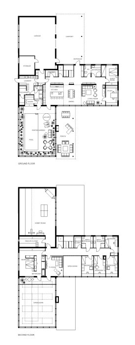 Planritning av ett lyxhus med två våningar, vinterträdgård och pool.