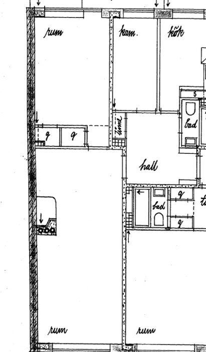 Ritning av en lägenhet med markerade prickiga bärande väggar, rum och möblering.