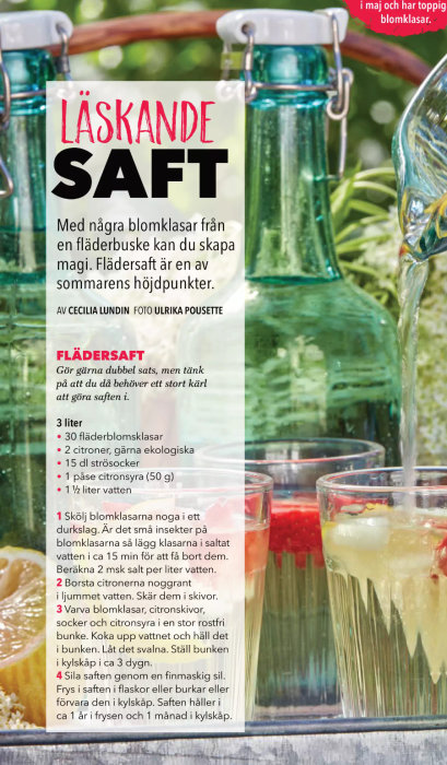 Gröna flaskor och glas med hembryggd flädersaft omgivna av blommor och ingredienser från ett recept i en tidning.
