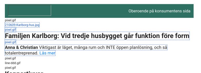 Skärmdump av ett e-postmeddelande med trasig bildvisning och texten "Familjen Karlborg: Vid tredje husbygget går funktion före form".