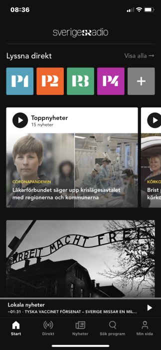 Skärmdump av Sveriges Radio-appen med nyheter och en bild på en port med texten "ARBEIT MACHT FREI".