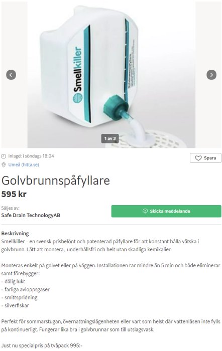 Vit plastdunk med etikett "Smellkiller" och grön kran ligger ner med vätska som rinner ut.