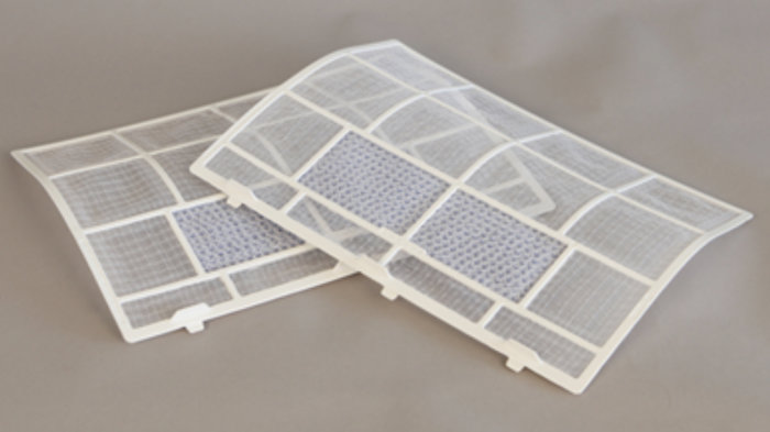 Tunnfilter för LLVP i vit ram, uppfällda och synlig filterstruktur.