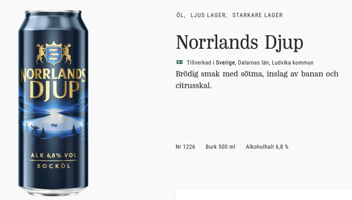 Ölburk med texten "Norrlands Djup" och en skogssilhuett med älgar och en sjö på etiketten.