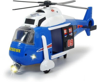 Leksakshelikopter i blått och vitt med texten "RESCUE 09", ljus tända fram.