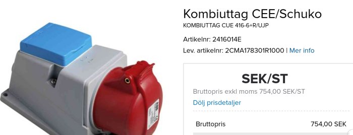 Kombiuttag CEE/Schuko med en blå topp och en röd koppling i fokus, prissatt till 754 SEK exkl. moms.