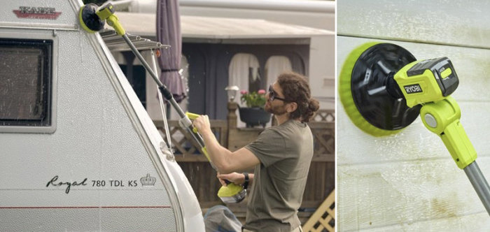 Rengöring av husvagn med en Ryobi ONE+ rengöringsborste och närbild av borsten i användning.