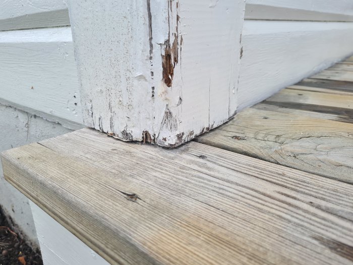Rötskador på nedre kanten av en vitmålad knutbräda där den möter en terrass.