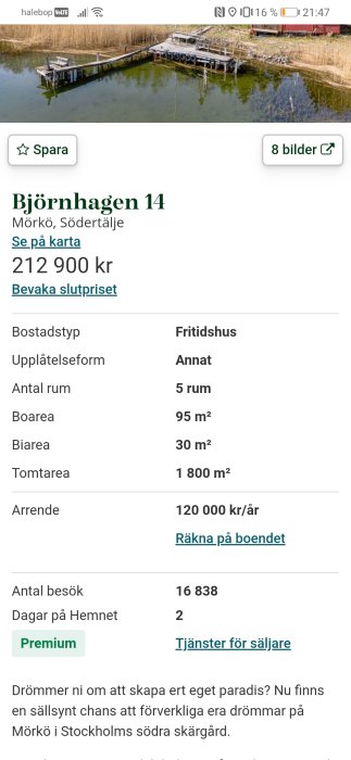 Skärmklipp från Hemnet med fritidshus på arrenderad tomt vid vattnet, information om boendet och pris.