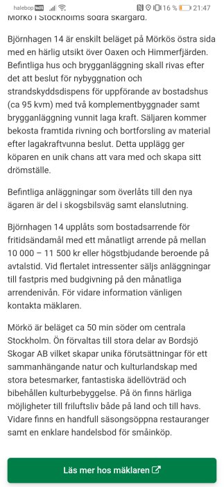 Skärmbild av en fastighetsannons med text om en arrenderad tomt på Mörkö med information om arrendepris och kontaktuppgifter.