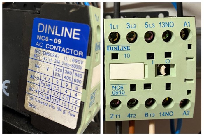 DINLINE kontaktor med specifikationsetikett och kopplingsterminaler för enfas 230V poolvärmepumpsinstallation.