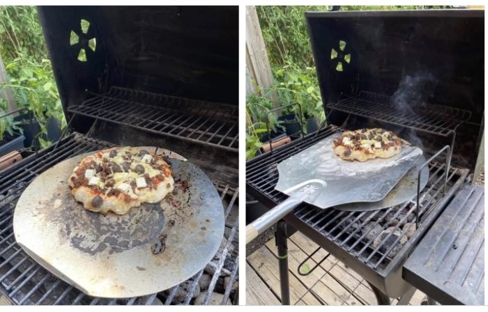 Hemmagjord pizza på stenplatta i grill och en pizzaspade med pizza på uttagen från grillen.