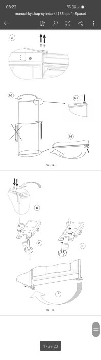 Monteringsanvisning för kylskåp med illustrationsdiagram och detaljerade steg-för-steg-instruktioner.