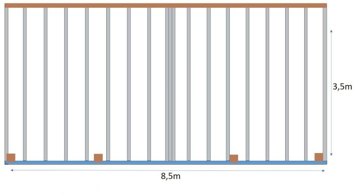 Schematisk illustration av en balkongram med mått, förankrad i mark och hus.