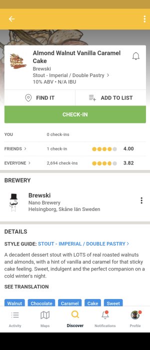 Skärmdump av ölprofil för 'Almond Walnut Vanilla Caramel Cake' av Brewski, med betygsstjärnor och beskrivning.