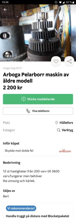 Närbild på kugghjul av Arboga Pelarborrmaskin, äldre modell, i en verkstadsmiljö.