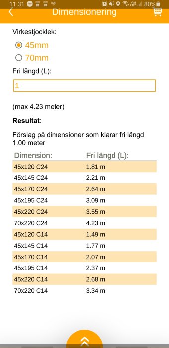 Skärmdump av trädimensioneringsguiden för altanbjälklag med olika trästorlekar och rekommenderade spannlängder.