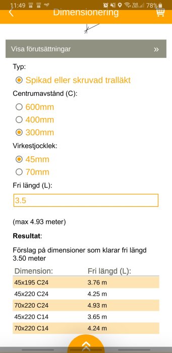 Skärmdump av en dimensioneringsapp som visar träregeldimensioner för cc300 och C24 kvalitet.