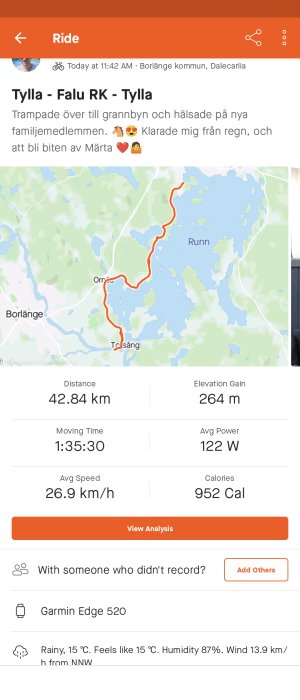 Skärmdump av en cykeltur från app, visar rutt på karta och statistik som distans, tid, hastighet och kaloriförbrukning.