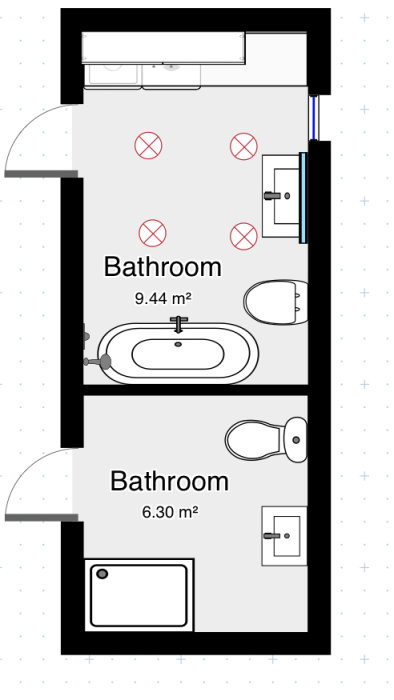 Skiss av badrum och WC efter rivning av vägg, inkluderar badkar, dusch, toalett och tvättställ.