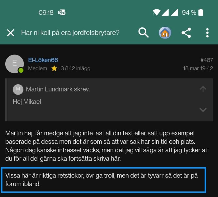 Skärmdump av en diskussionstråd på ett forum med en kommentar från användaren El-Löken66.