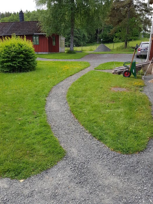 Renoverad grusgång bredvid gräsmatta, med hus och påfyllnadshög med grus i bakgrunden.