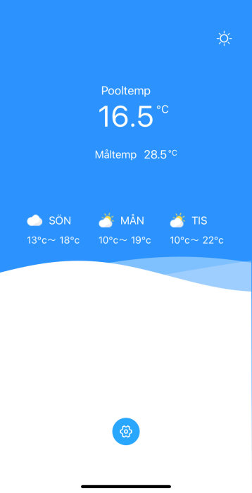 Skärmdump av mobilapp visar pooltemperatur på 16.5°C och väderprognos.