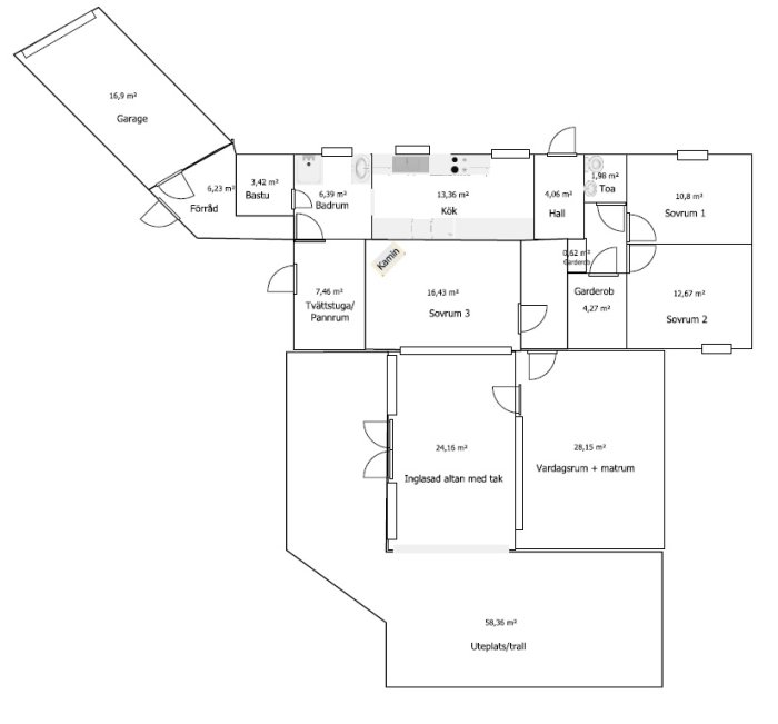 Planritning av ett hus som visar befintlig rumsuppdelning med måttangivelser, inklusive vardagsrum, sovrum och kök.